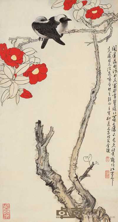 罗叔子 壬寅(1962年)作 红花双栖图 立轴 76.5×40.5cm